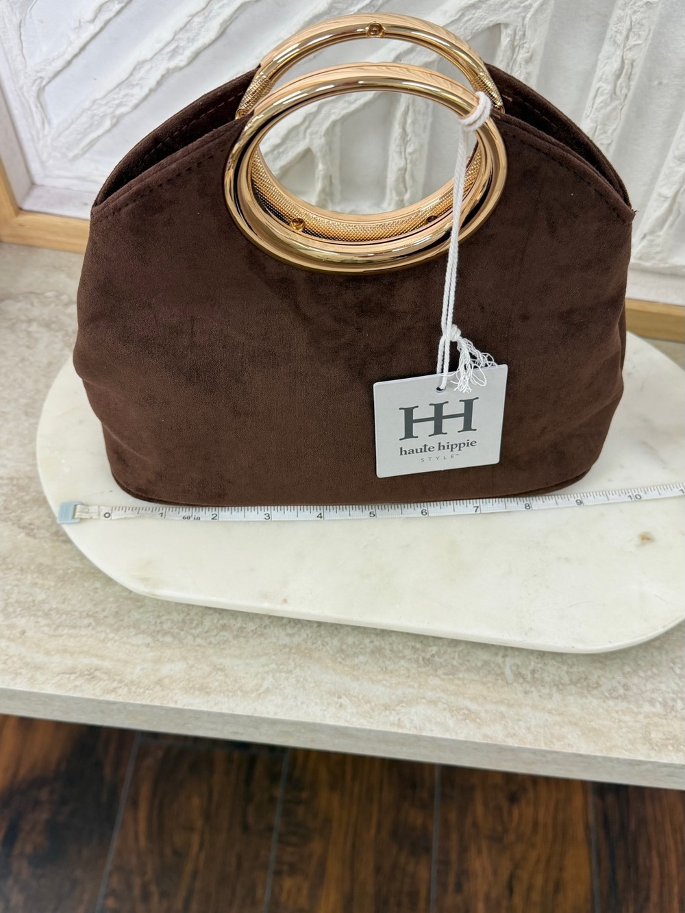 Haute Hippie Chocolate Brown Suede Clutch with Gold Ring Handle - Picture 12 of 16